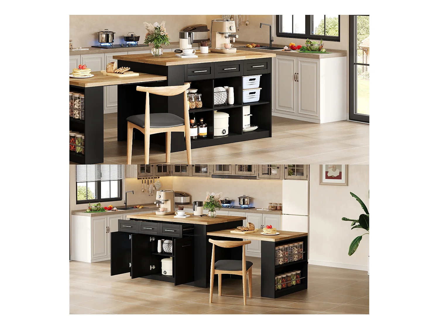 Ilot central de cuisine 150x90x90cm - avec table à manger rétractable - texture du bois - avec un grand espace de rangement - Noir + Naturel