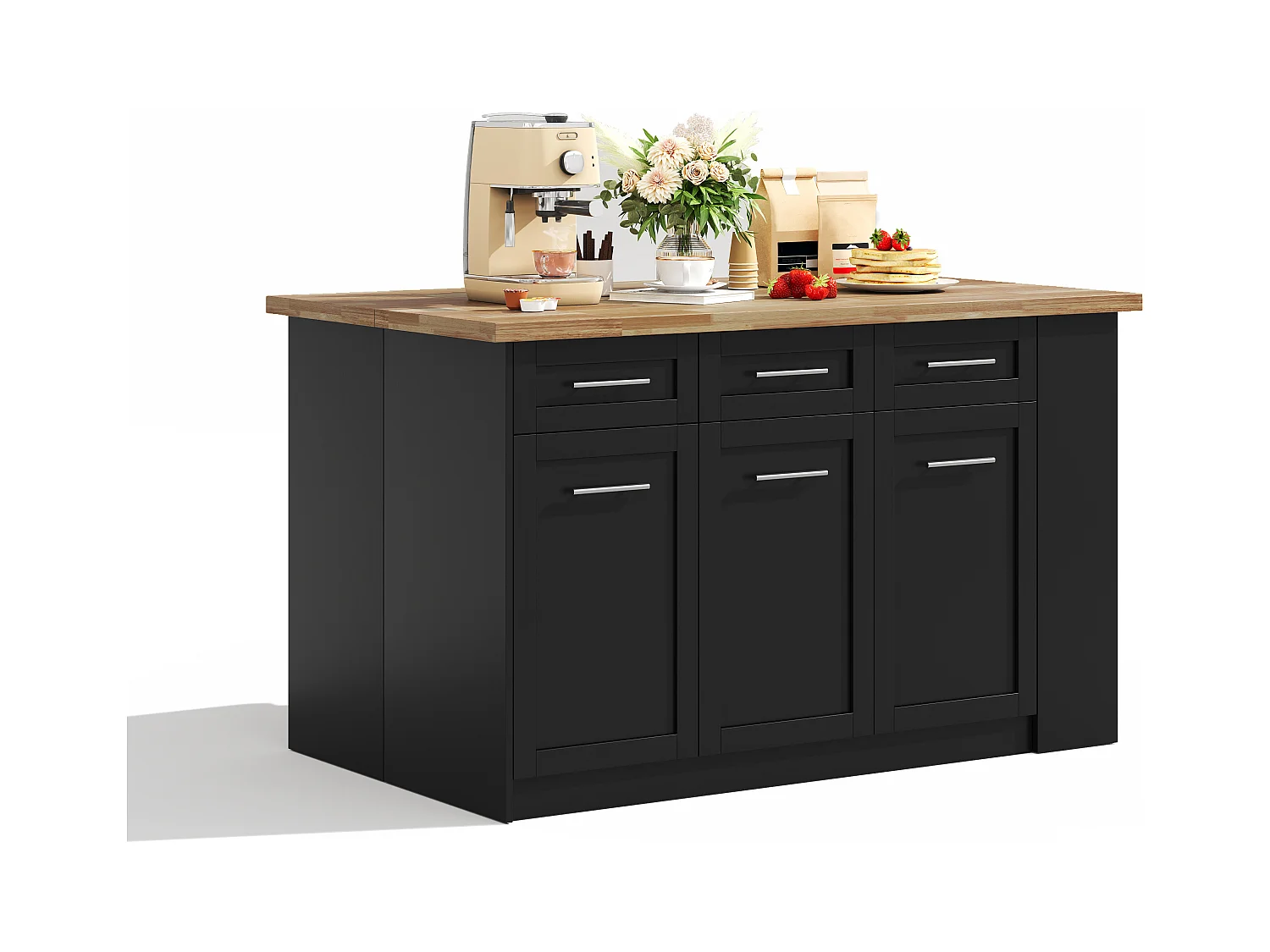 Ilot central de cuisine 150x90x90cm - avec table à manger rétractable - texture du bois - avec un grand espace de rangement - Noir + Naturel