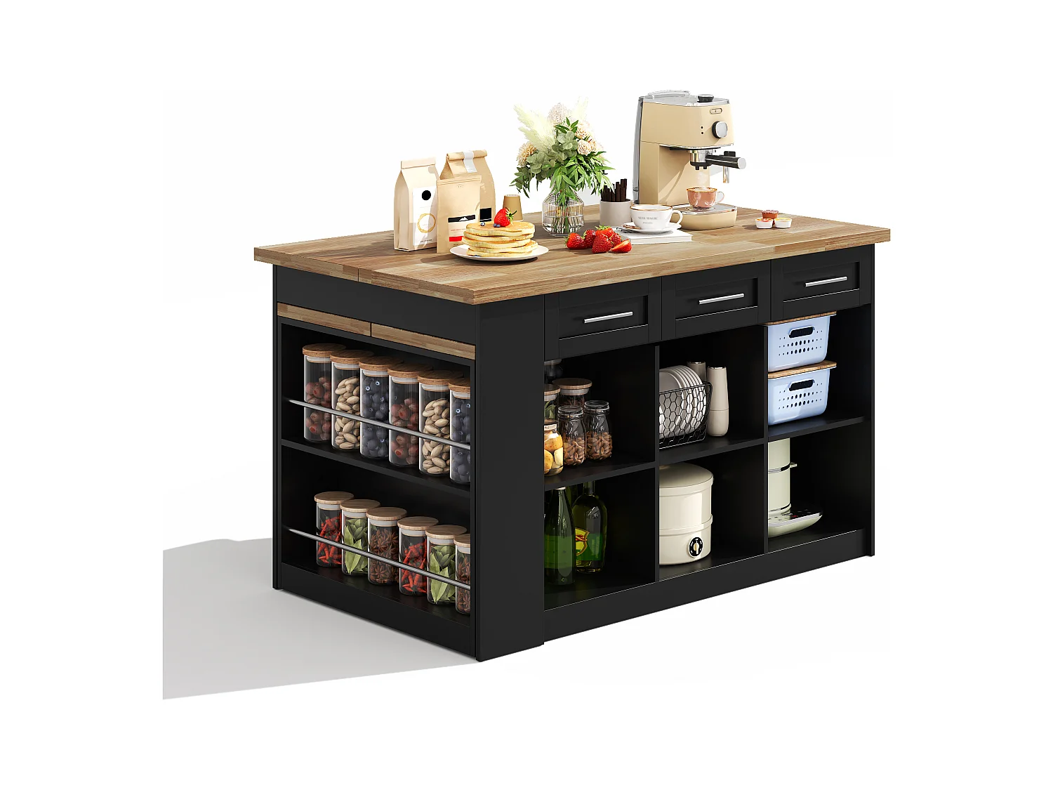 Ilot central de cuisine 150x90x90cm - avec table à manger rétractable - texture du bois - avec un grand espace de rangement - Noir + Naturel