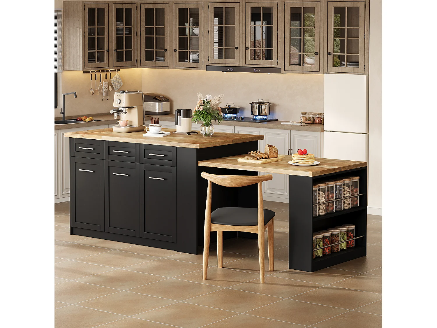 Ilot central de cuisine 150x90x90cm - avec table à manger rétractable - texture du bois - avec un grand espace de rangement - Noir + Naturel