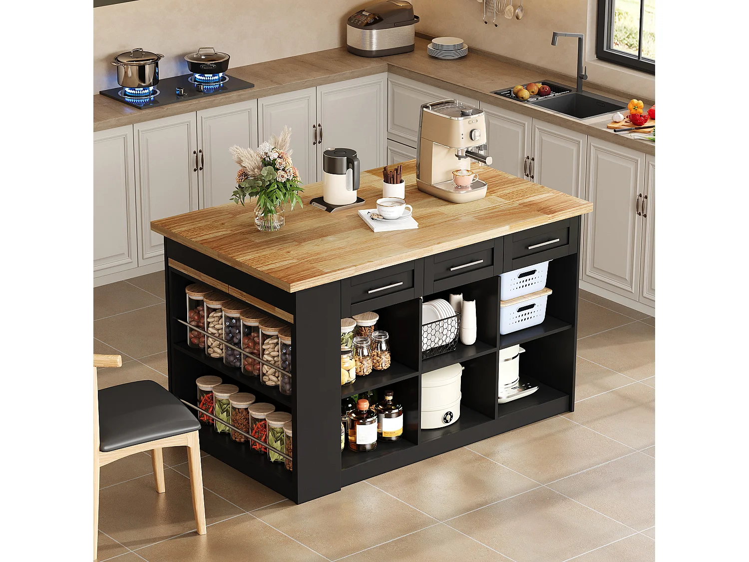 Ilot central de cuisine 150x90x90cm - avec table à manger rétractable - texture du bois - avec un grand espace de rangement - Noir + Naturel