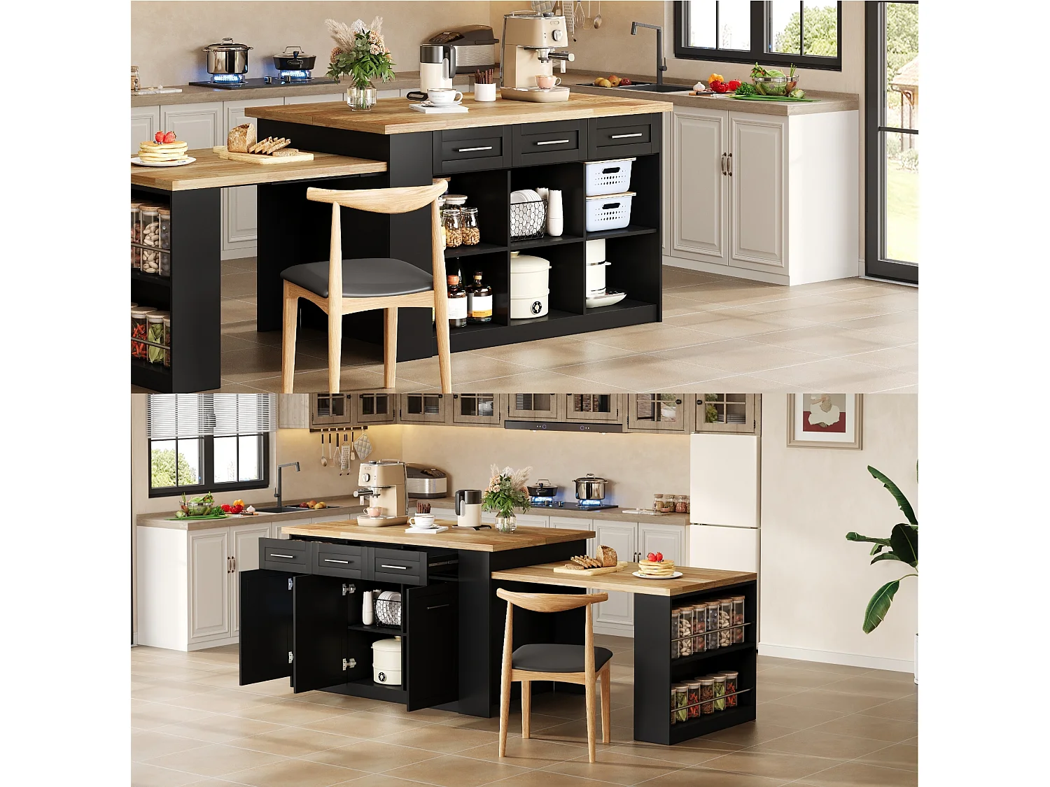 Ilot central de cuisine 150x90x90cm - avec table à manger rétractable - texture du bois - avec un grand espace de rangement - Noir + Naturel