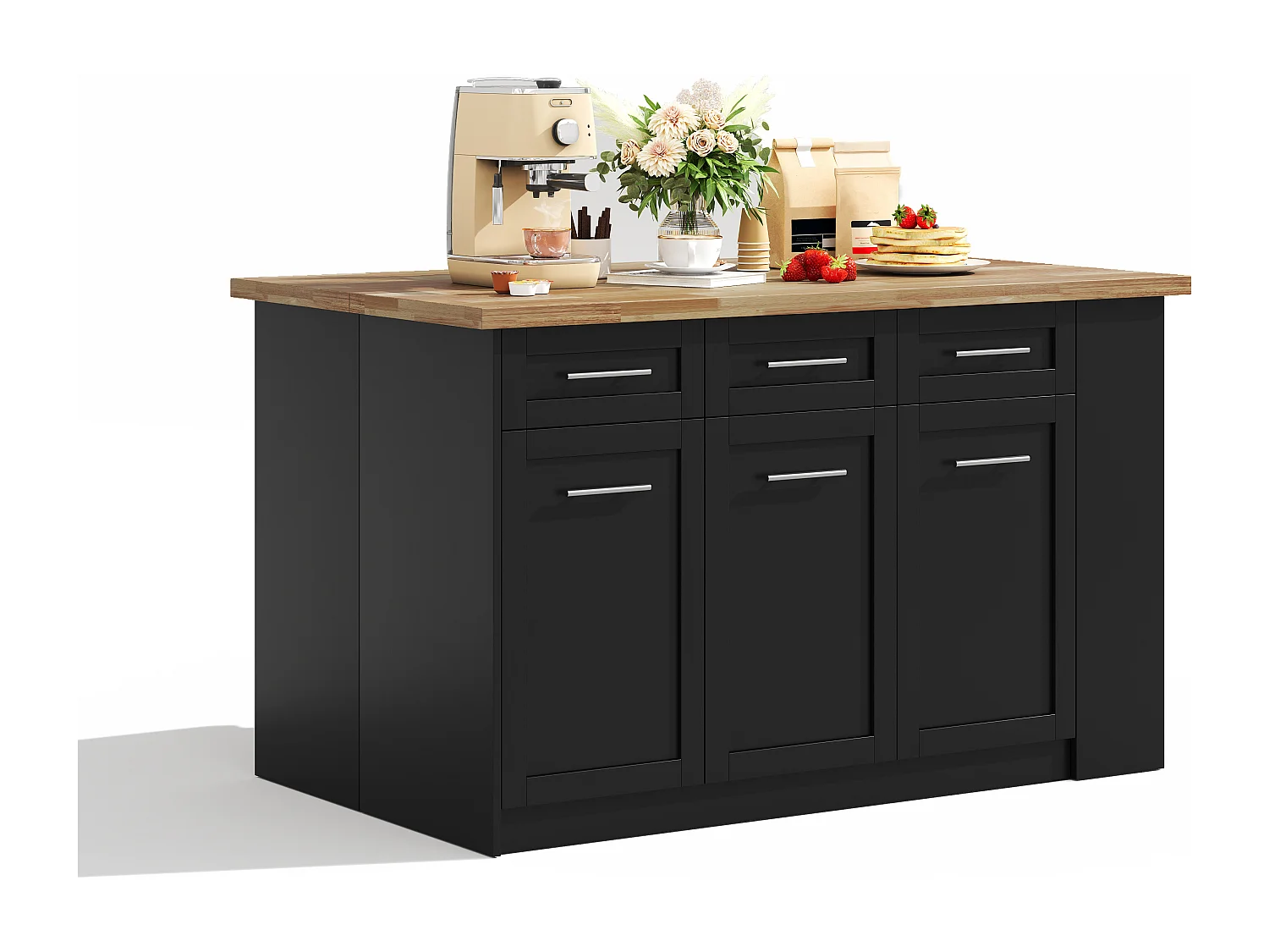 Ilot central de cuisine 150x90x90cm - avec table à manger rétractable - texture du bois - avec un grand espace de rangement - Noir + Naturel