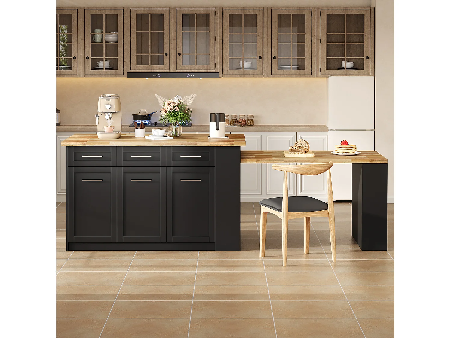 Ilot central de cuisine 150x90x90cm - avec table à manger rétractable - texture du bois - avec un grand espace de rangement - Noir + Naturel