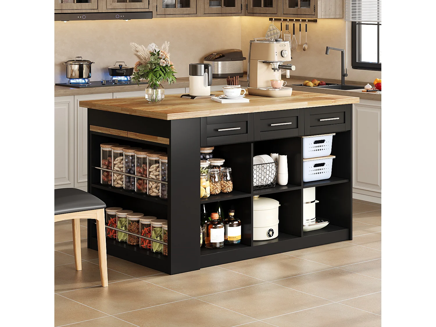 Ilot central de cuisine 150x90x90cm - avec table à manger rétractable - texture du bois - avec un grand espace de rangement - Noir + Naturel