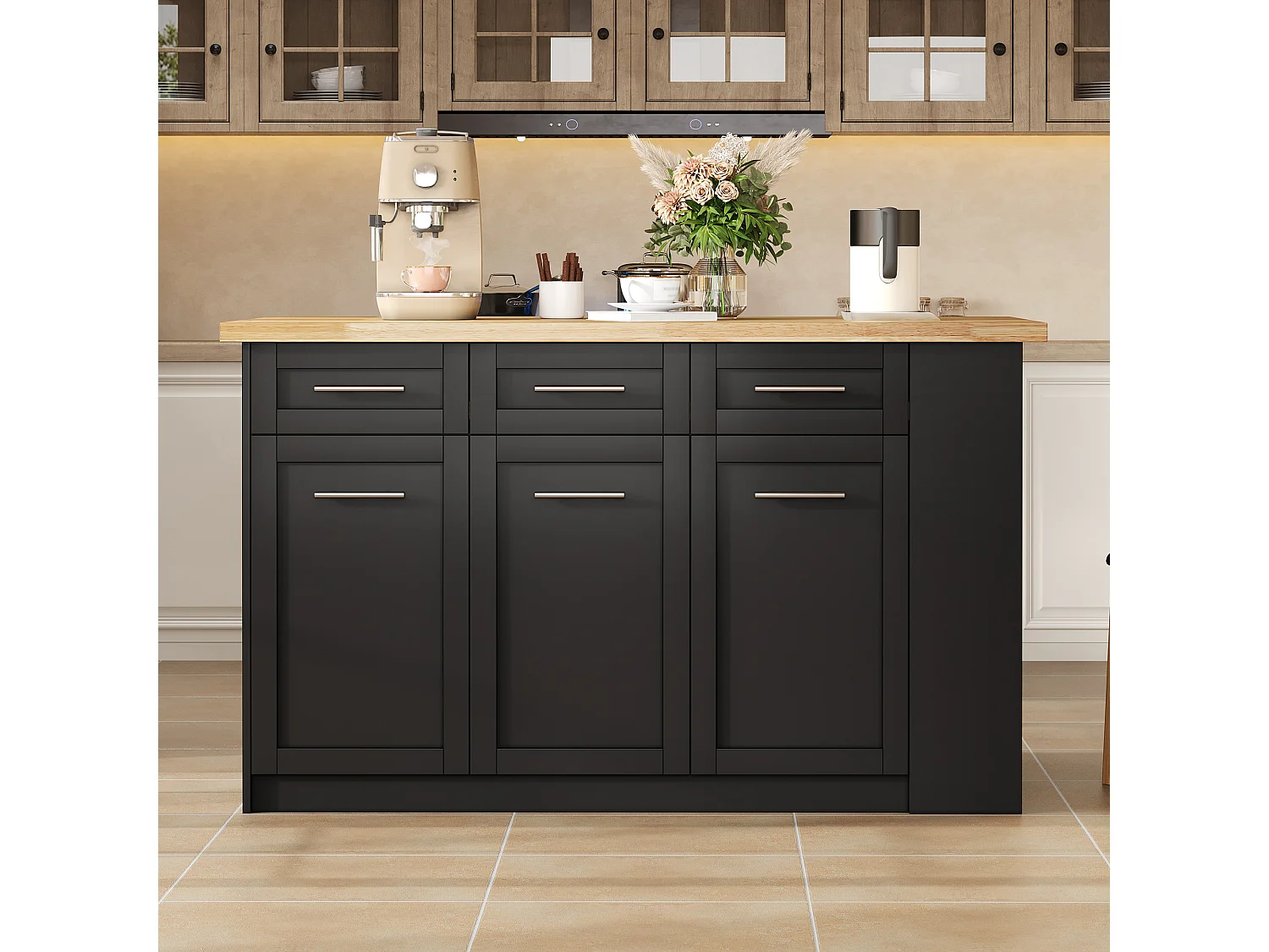 Ilot central de cuisine 150x90x90cm - avec table à manger rétractable - texture du bois - avec un grand espace de rangement - Noir + Naturel