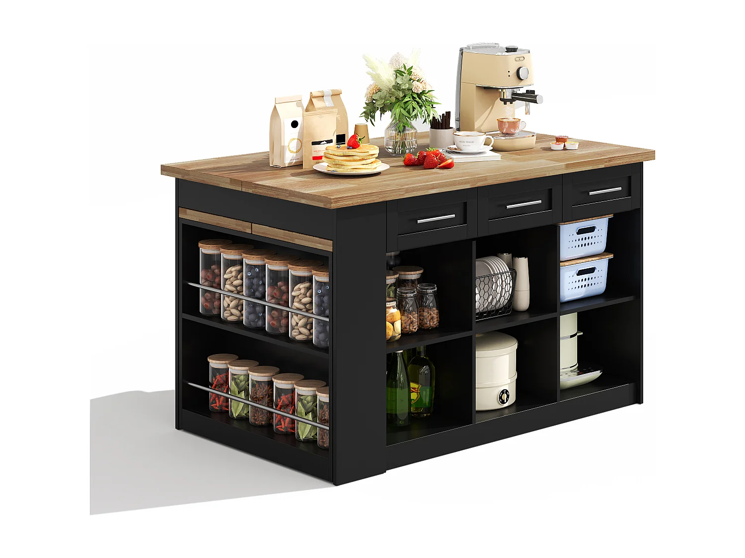 Ilot central de cuisine 150x90x90cm - avec table à manger rétractable - texture du bois - avec un grand espace de rangement - Noir + Naturel