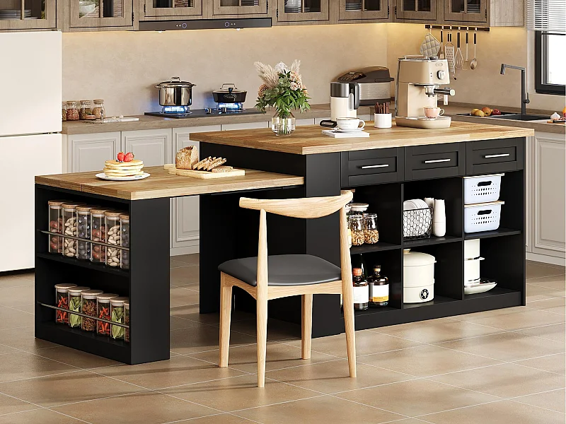 Ilot central de cuisine 150x90x90cm - avec table à manger rétractable - texture du bois - avec un grand espace de rangement - Noir + Naturel