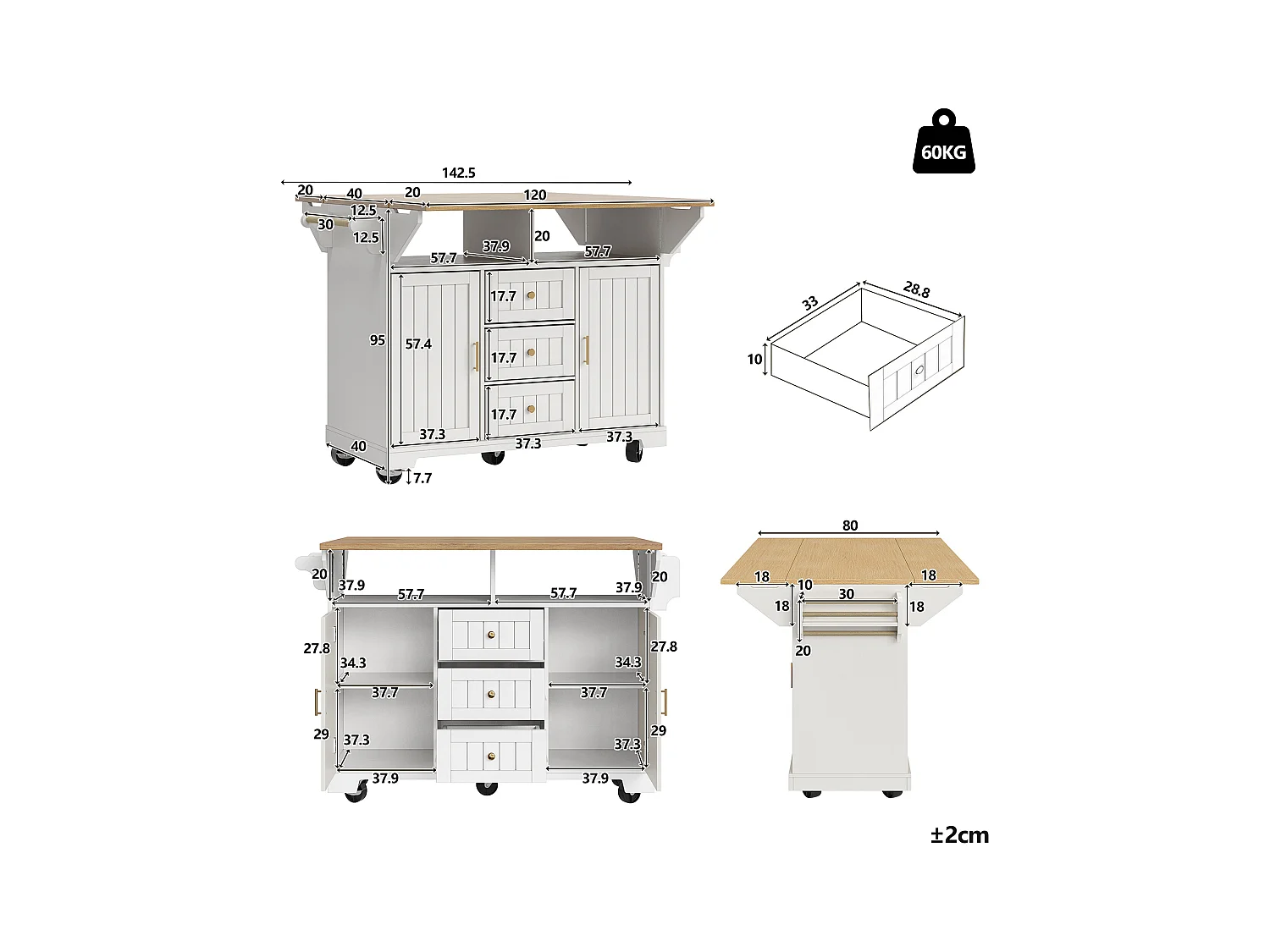Mobile Kücheninsel - Ausziehbare Arbeitsplatte - 2 Türen und 3 Schubladen - Offene Ablagefächer - Mit Handtuchhalter - MDF - Weiß
