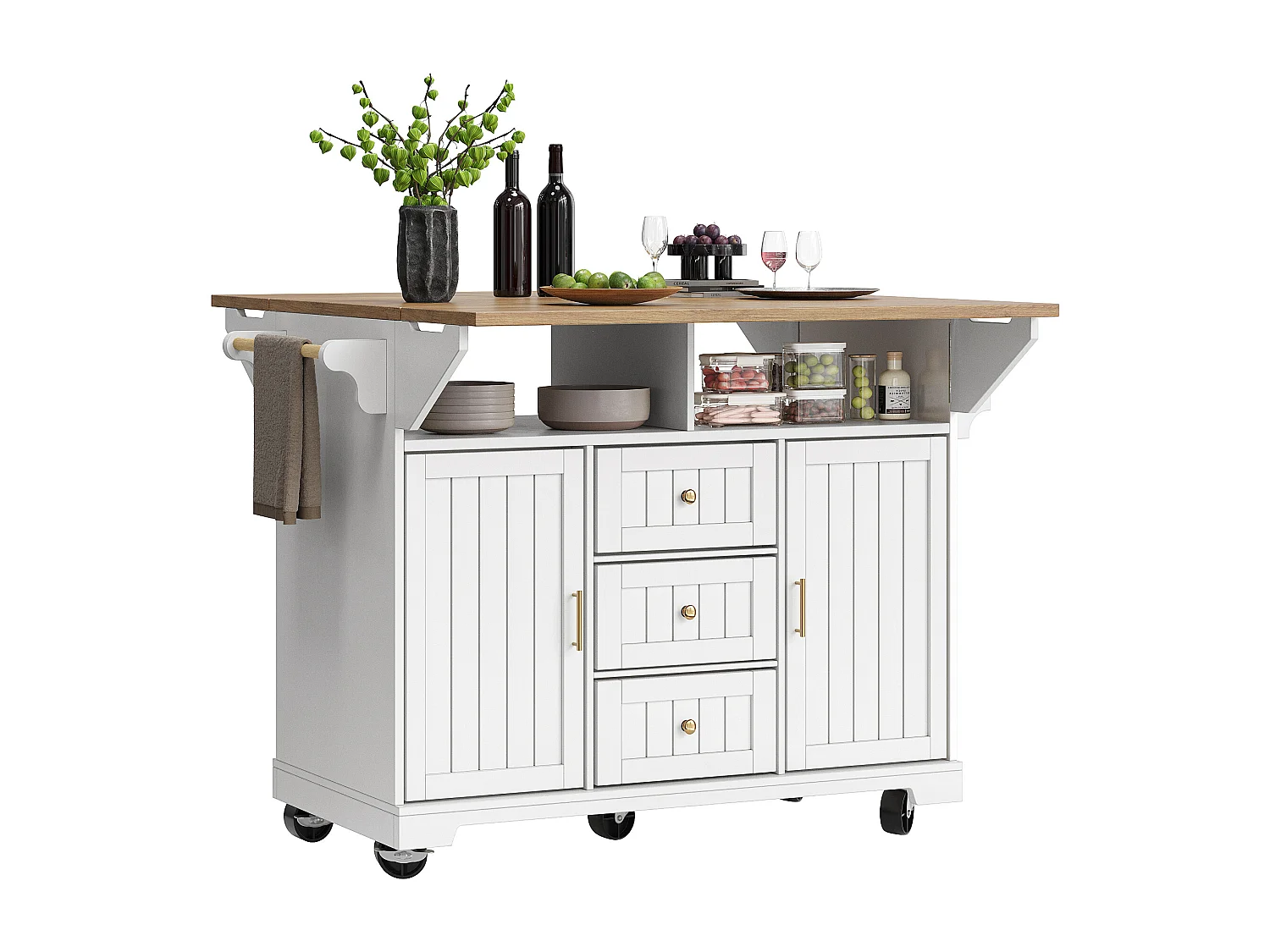 Mobiel keukeneiland - Uitschuifbaar werkblad - 2 deuren en 3 lades - Open planken - Met handdoekenrek - MDF - ​​Wit​