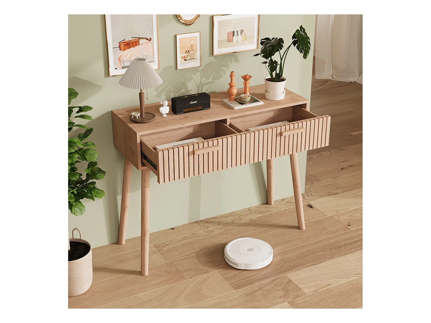 Console Meuble, Console d'entrée avec 2 Tiroirs, Meuble d'Entrée avec Rangement Tables d’Entrée en Bois de Ferme, Style Boho