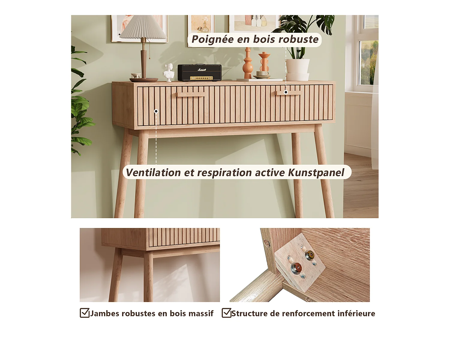 Console Meuble, Console d'entrée avec 2 Tiroirs, Meuble d'Entrée avec Rangement Tables d’Entrée en Bois de Ferme, Style Boho