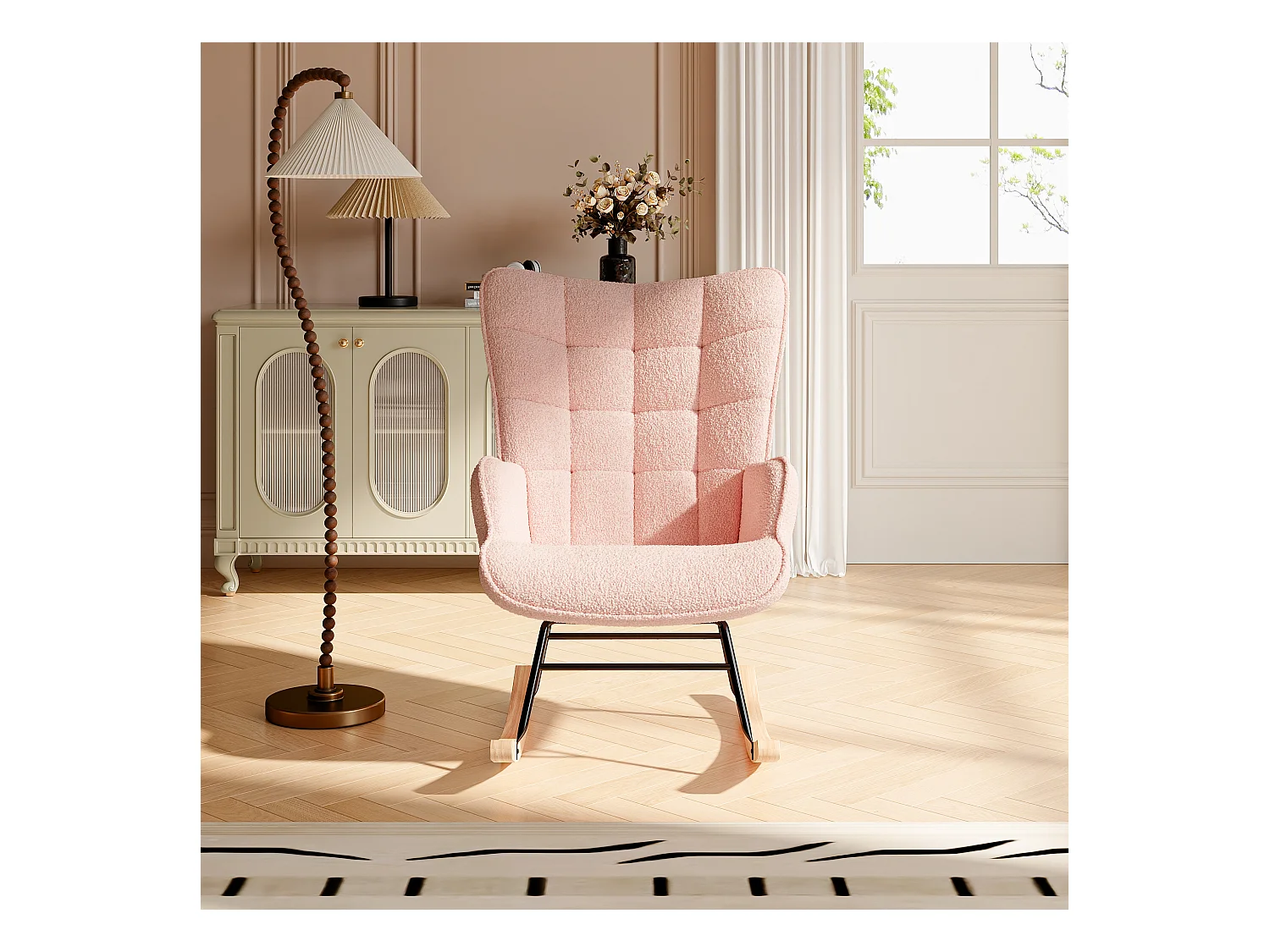 Fauteuil à Bascule - Fauteuil à Oreilles Rembourré - Pieds en Métal et en Bois Massif - Velours Teddy