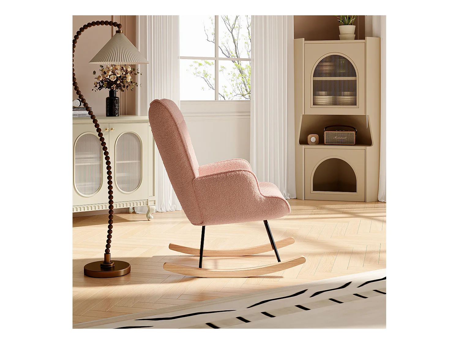 Fauteuil à Bascule - Fauteuil à Oreilles Rembourré - Pieds en Métal et en Bois Massif - Velours Teddy