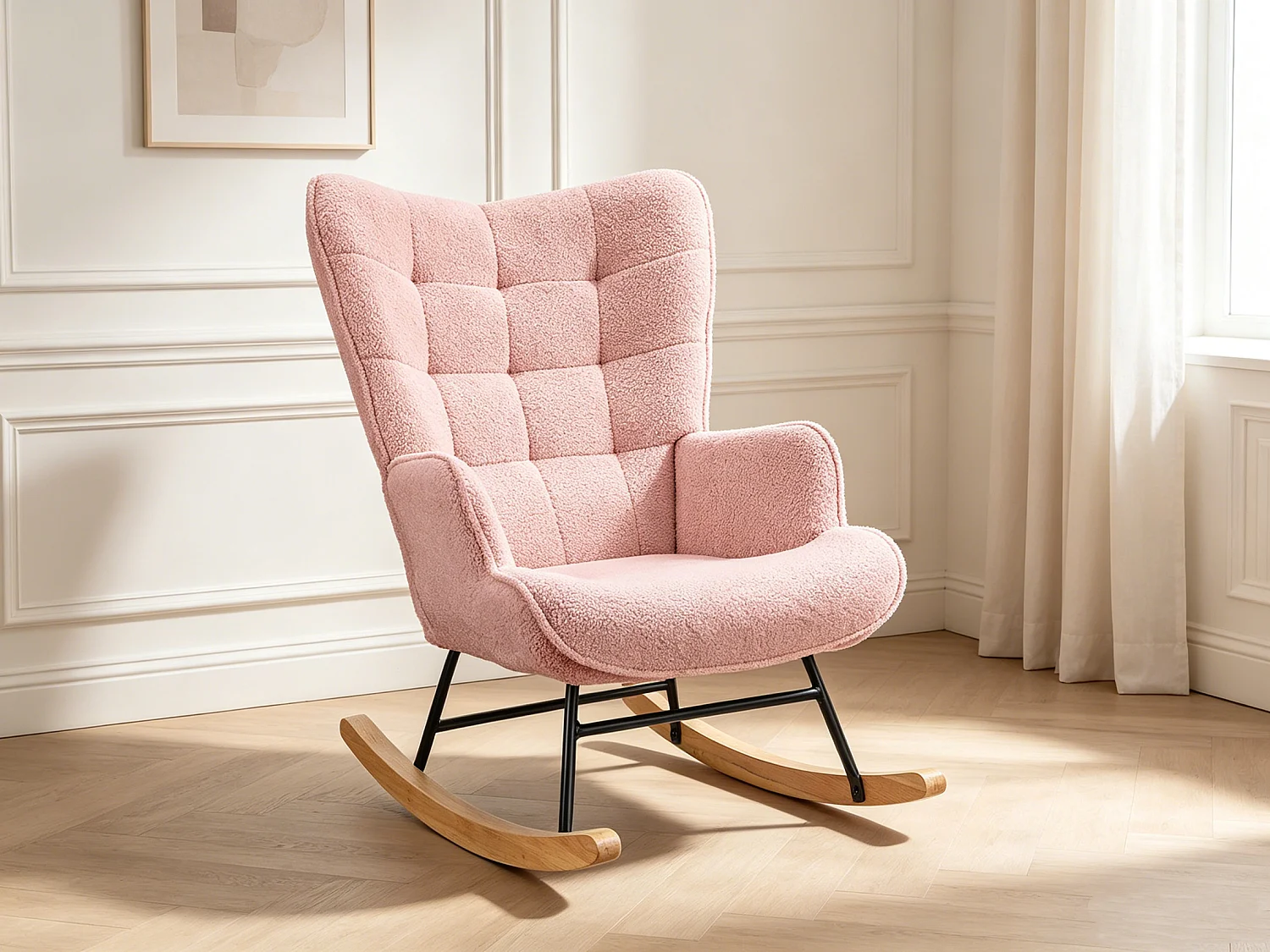 Fauteuil à Bascule - Fauteuil à Oreilles Rembourré - Pieds en Métal et en Bois Massif - Velours Teddy