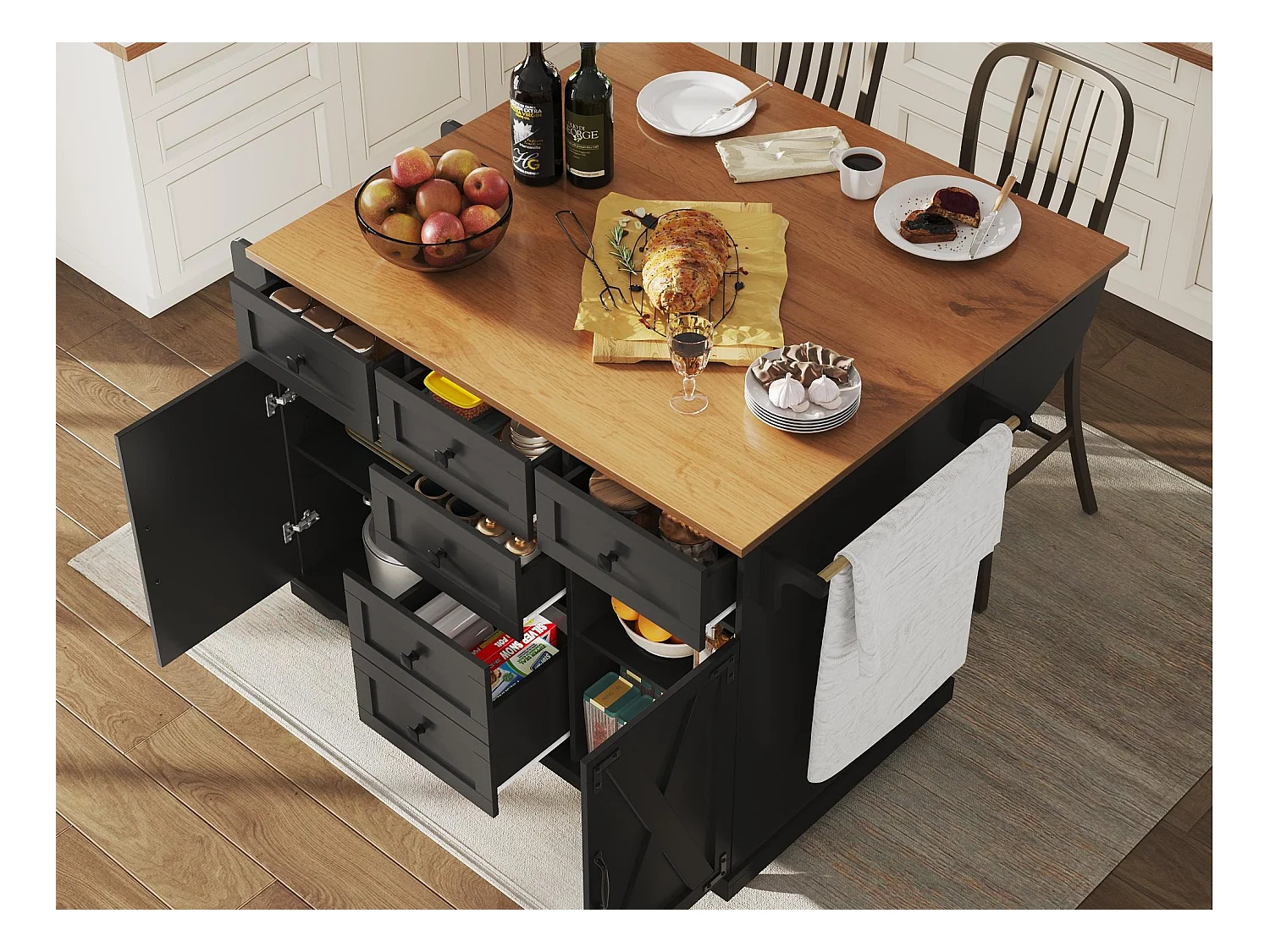 Ilot central de cuisine mobile - Plateau extensible - 2 portes et 5 tiroirs - étagères ouvertes - avec porte-serviettes - MDF - Noir