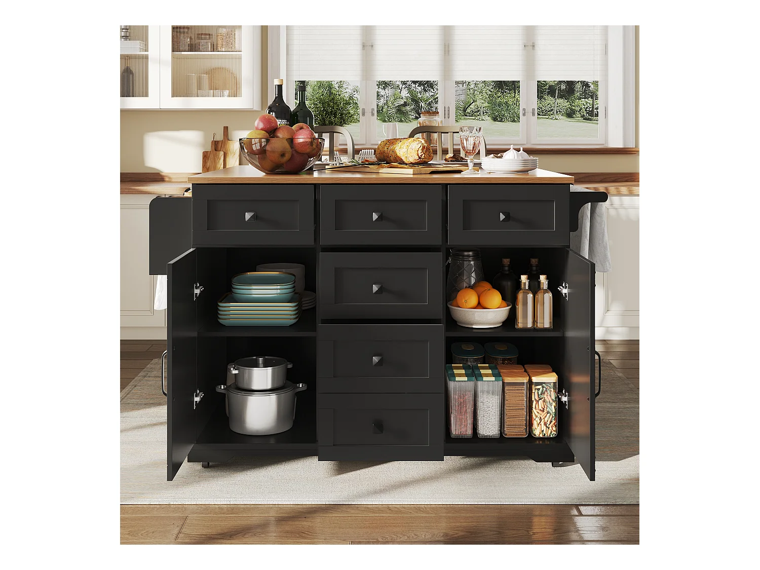 Ilot central de cuisine mobile - Plateau extensible - 2 portes et 5 tiroirs - étagères ouvertes - avec porte-serviettes - MDF - Noir