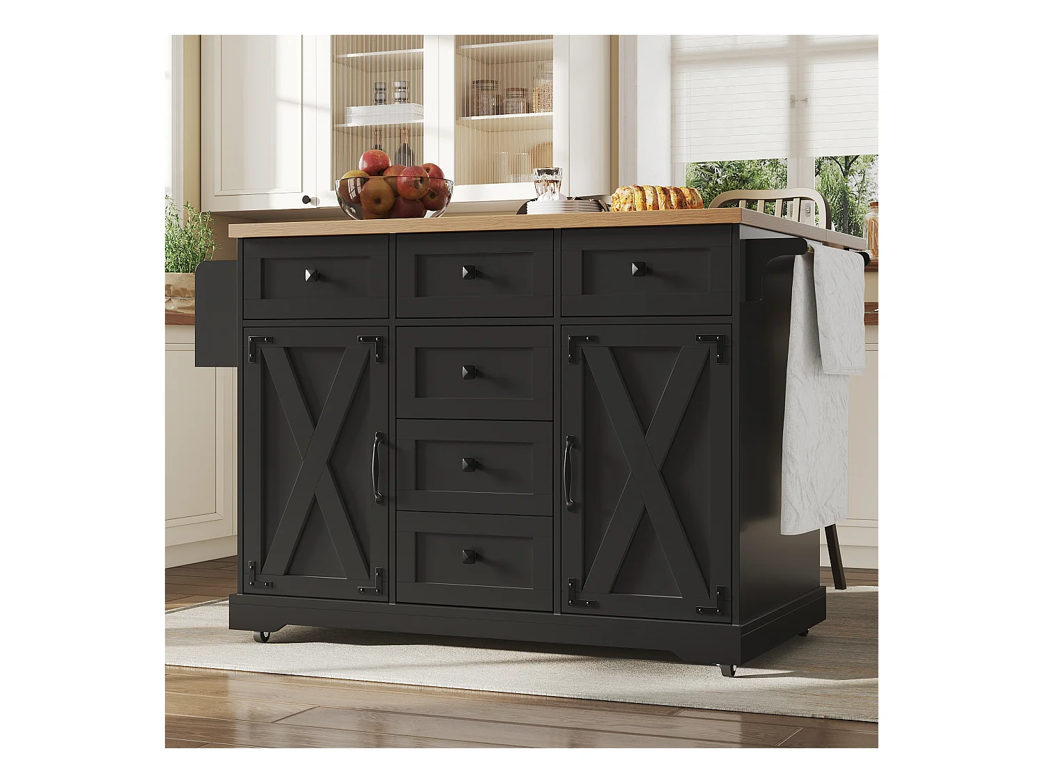 Ilot central de cuisine mobile - Plateau extensible - 2 portes et 5 tiroirs - étagères ouvertes - avec porte-serviettes - MDF - Noir