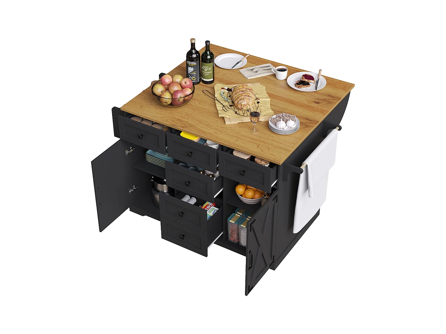 Ilot central de cuisine mobile - Plateau extensible - 2 portes et 5 tiroirs - étagères ouvertes - avec porte-serviettes - MDF - Noir