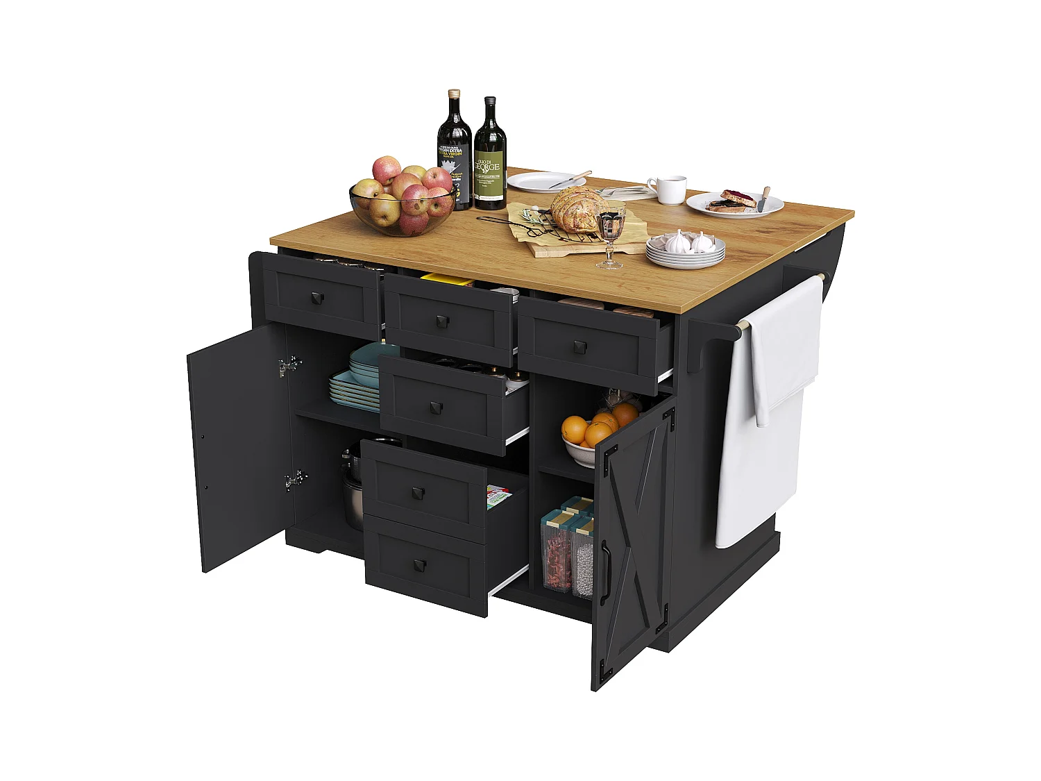 Ilot central de cuisine mobile - Plateau extensible - 2 portes et 5 tiroirs - étagères ouvertes - avec porte-serviettes - MDF - Noir