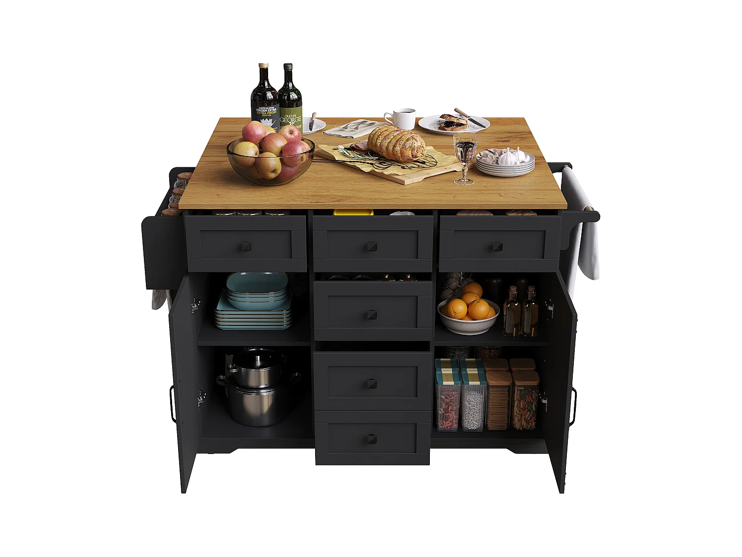 Ilot central de cuisine mobile - Plateau extensible - 2 portes et 5 tiroirs - étagères ouvertes - avec porte-serviettes - MDF - Noir