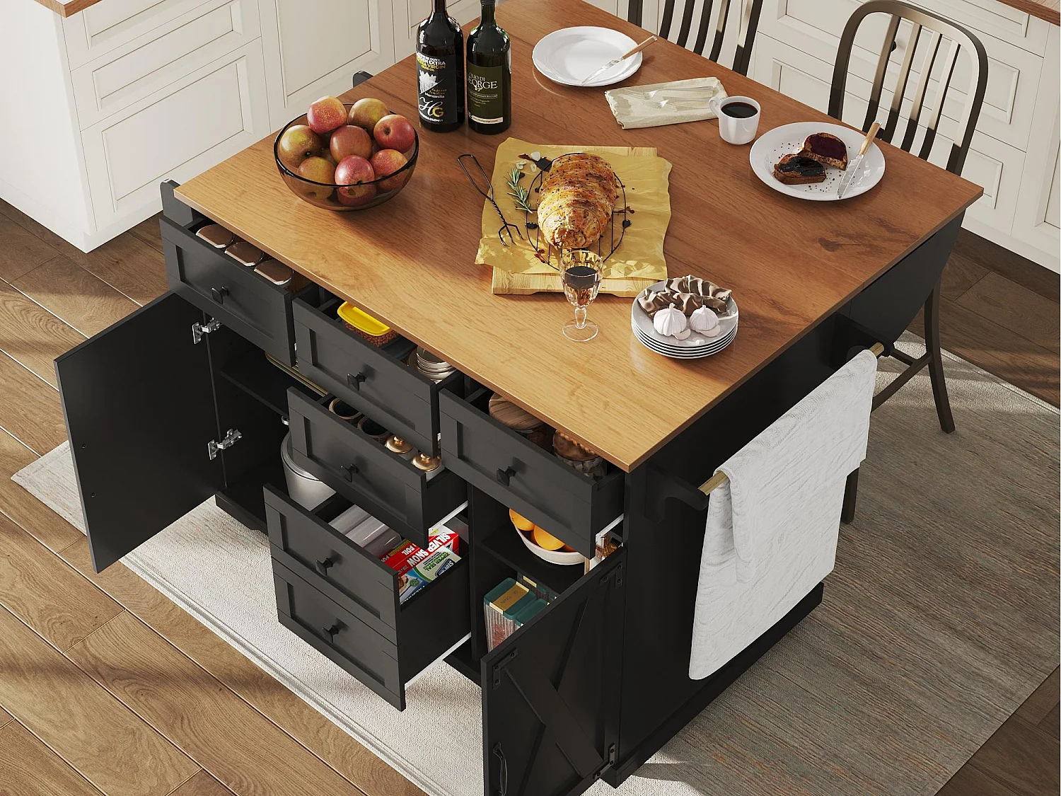Isola centrale per cucina mobile - Piano di lavoro estraibile - 2 ante e 5 cassetti - Scaffali aperti - Con portasciugamani - MDF - Nero