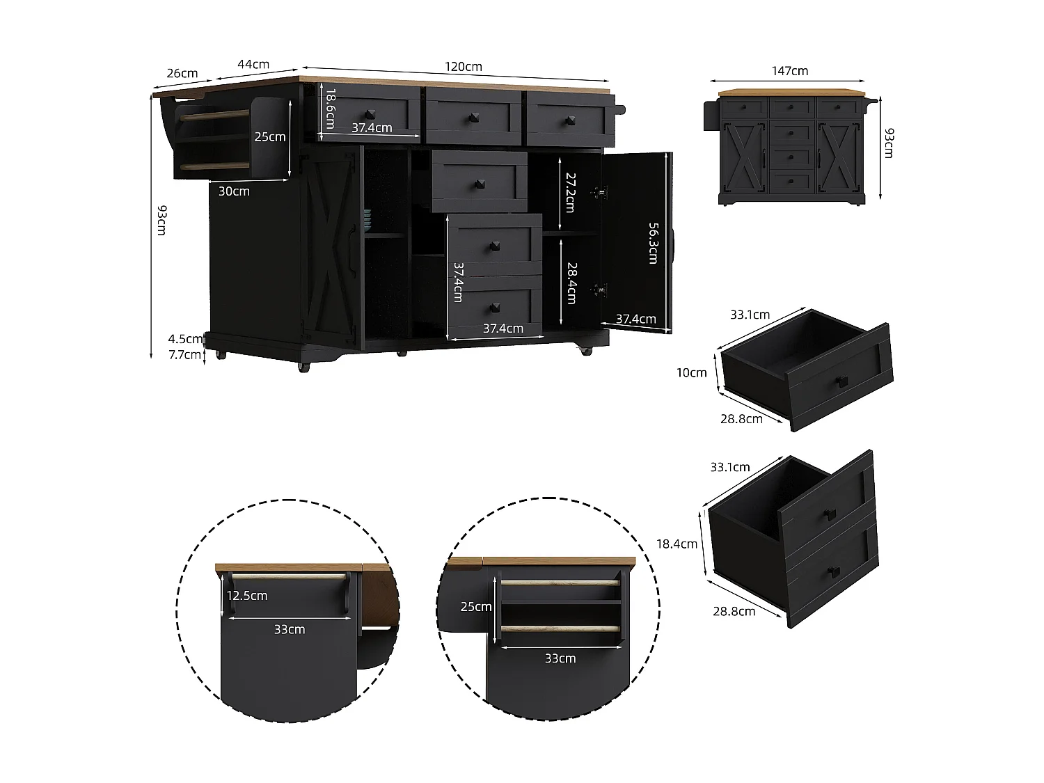 Isola centrale per cucina mobile - Piano di lavoro estraibile - 2 ante e 5 cassetti - Scaffali aperti - Con portasciugamani - MDF - Nero