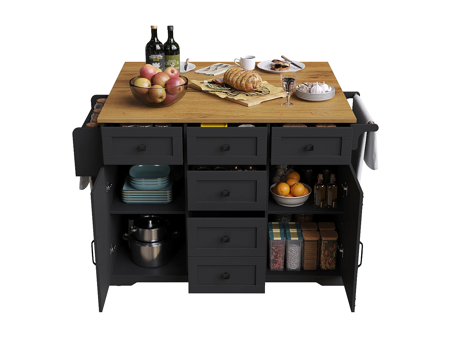 Isola centrale per cucina mobile - Piano di lavoro estraibile - 2 ante e 5 cassetti - Scaffali aperti - Con portasciugamani - MDF - Nero