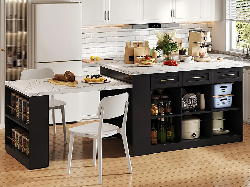 Ilot central de cuisine 150x90x90cm - avec table à manger rétractable - texture de marbre - avec un grand espace de rangement - Noir + Blanc