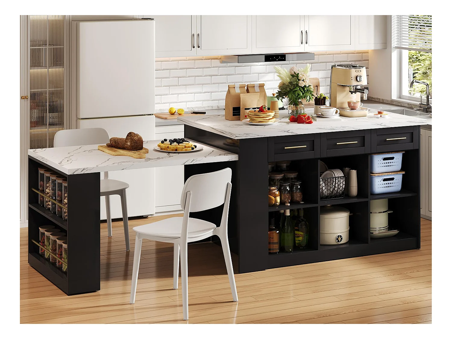Ilot central de cuisine 150x90x90cm - avec table à manger rétractable - texture de marbre - avec un grand espace de rangement - Noir + Blanc