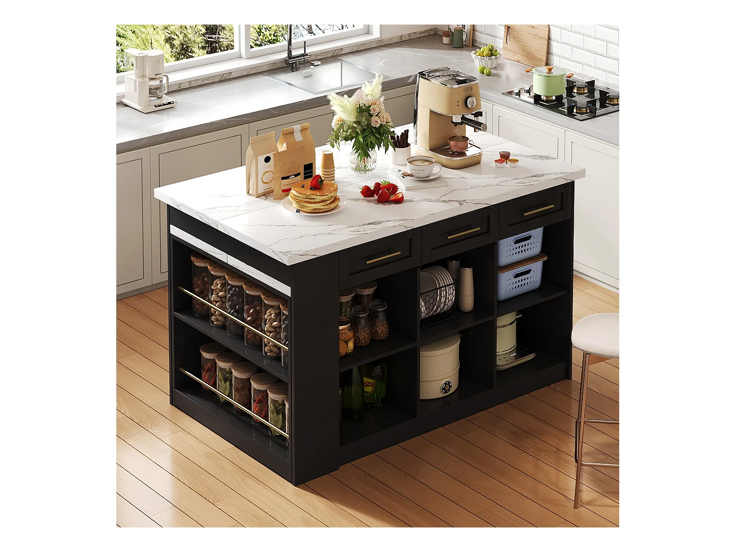 Ilot central de cuisine 150x90x90cm - avec table à manger rétractable - texture de marbre - avec un grand espace de rangement - Noir + Blanc