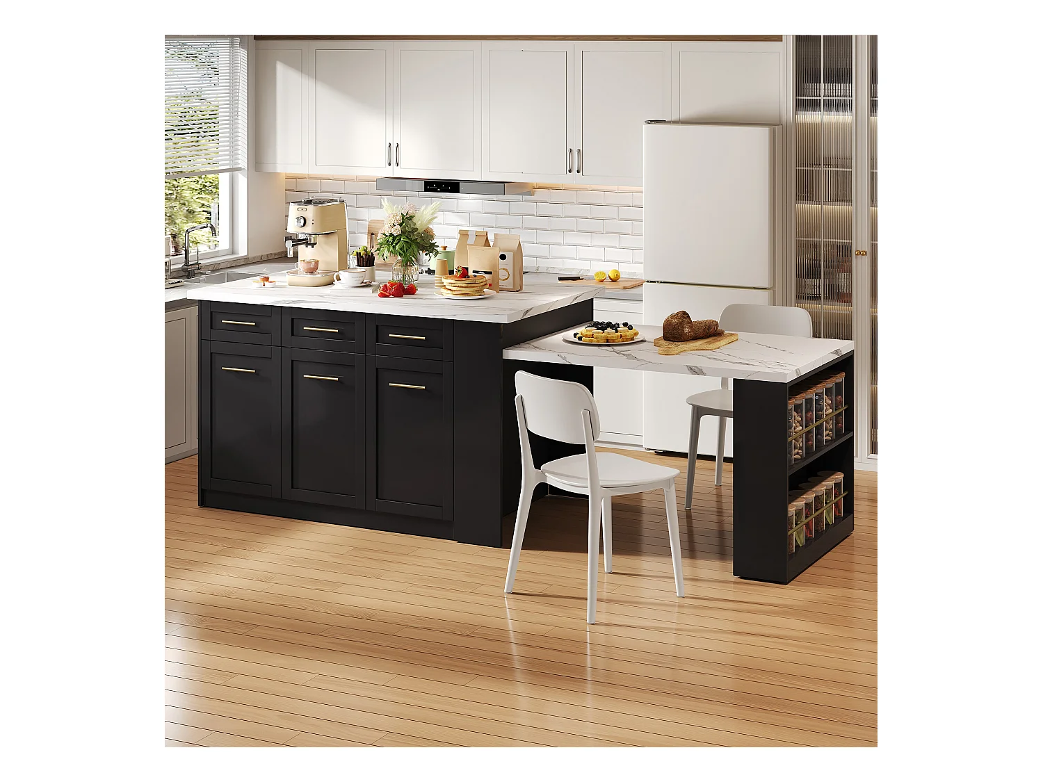 Ilot central de cuisine 150x90x90cm - avec table à manger rétractable - texture de marbre - avec un grand espace de rangement - Noir + Blanc