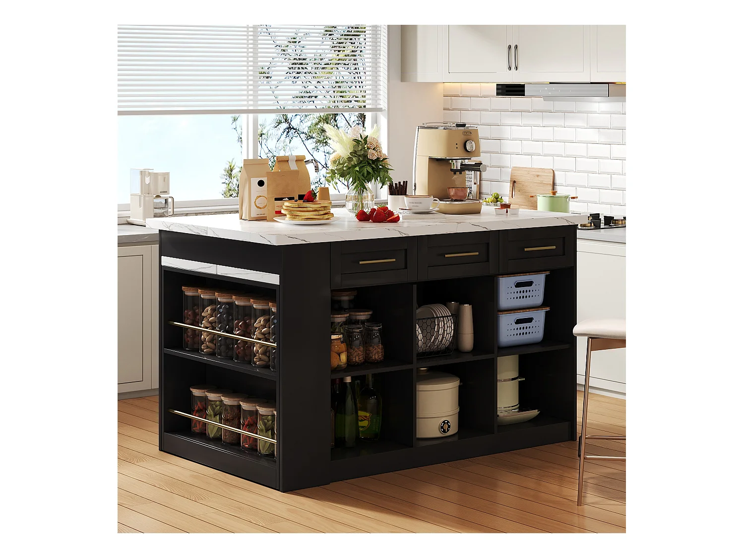 Ilot central de cuisine 150x90x90cm - avec table à manger rétractable - texture de marbre - avec un grand espace de rangement - Noir + Blanc