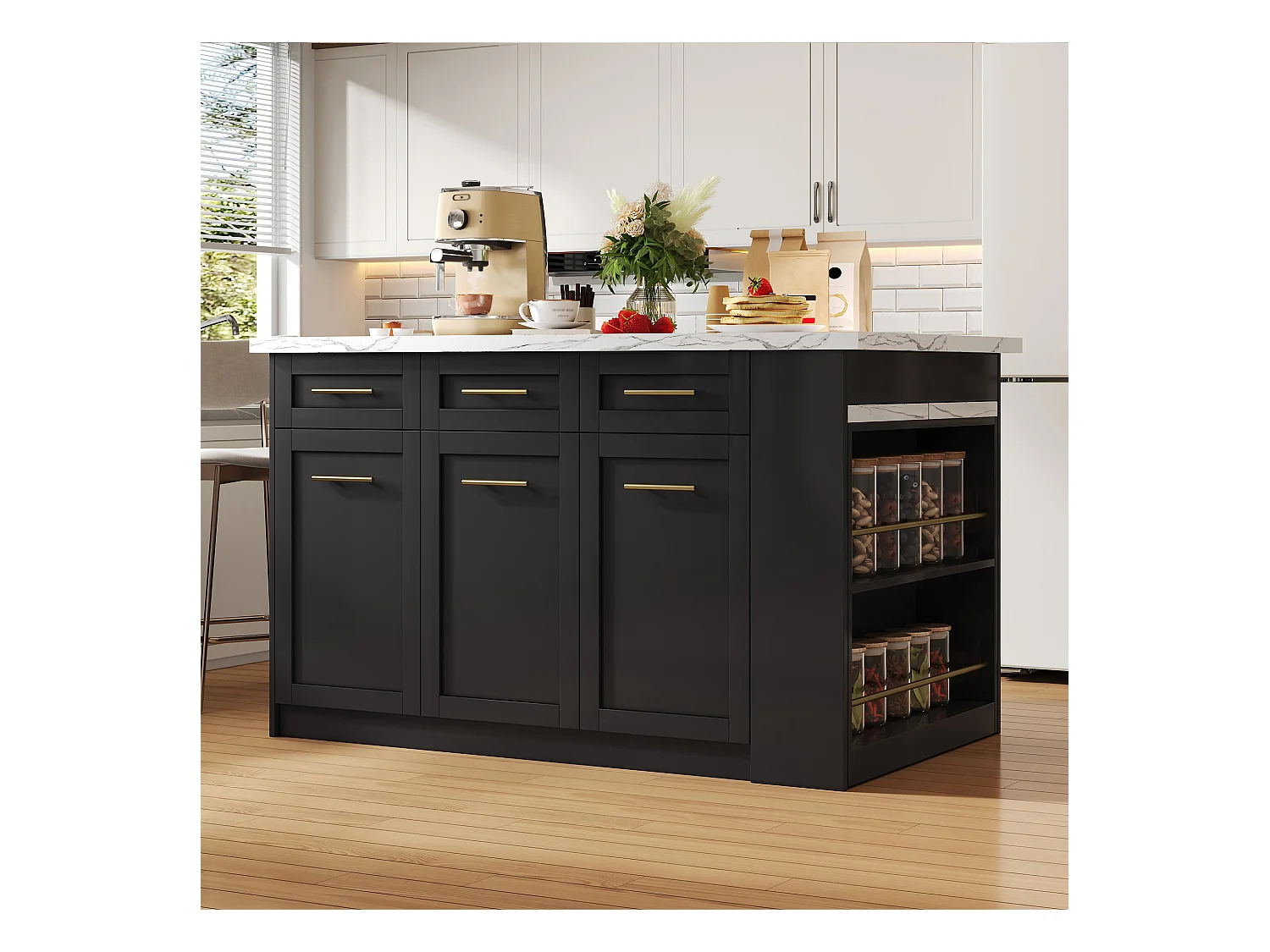 Ilot central de cuisine 150x90x90cm - avec table à manger rétractable - texture de marbre - avec un grand espace de rangement - Noir + Blanc