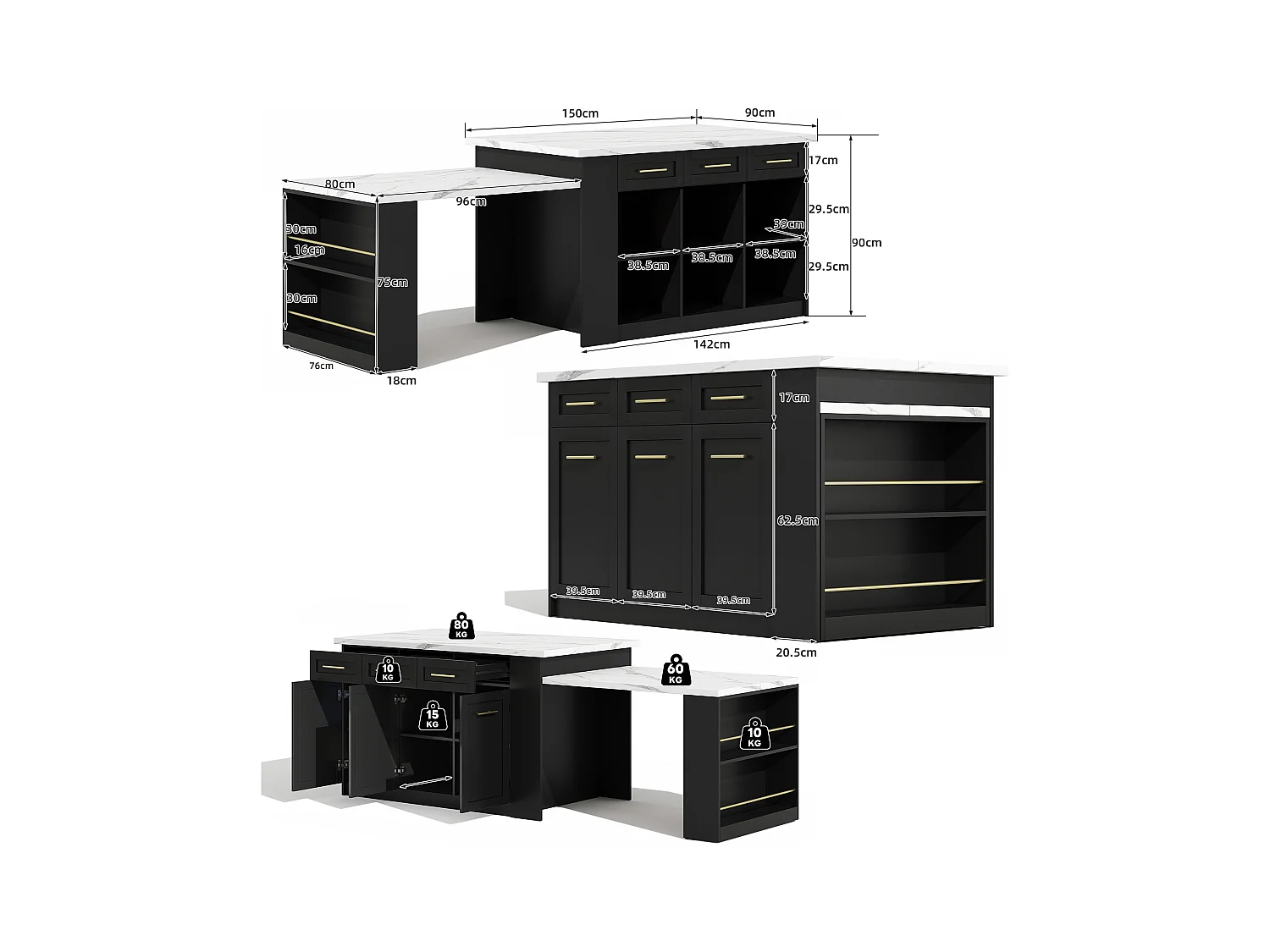 Ilot central de cuisine 150x90x90cm - avec table à manger rétractable - texture de marbre - avec un grand espace de rangement - Noir + Blanc