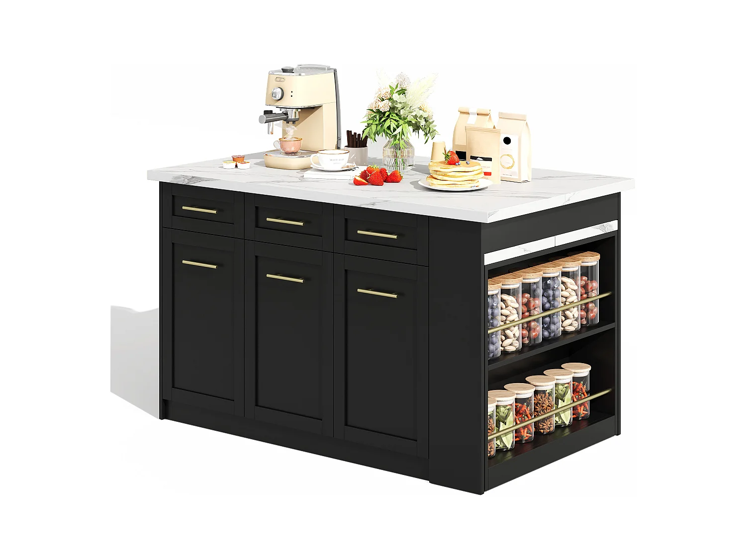 Ilot central de cuisine 150x90x90cm - avec table à manger rétractable - texture de marbre - avec un grand espace de rangement - Noir + Blanc