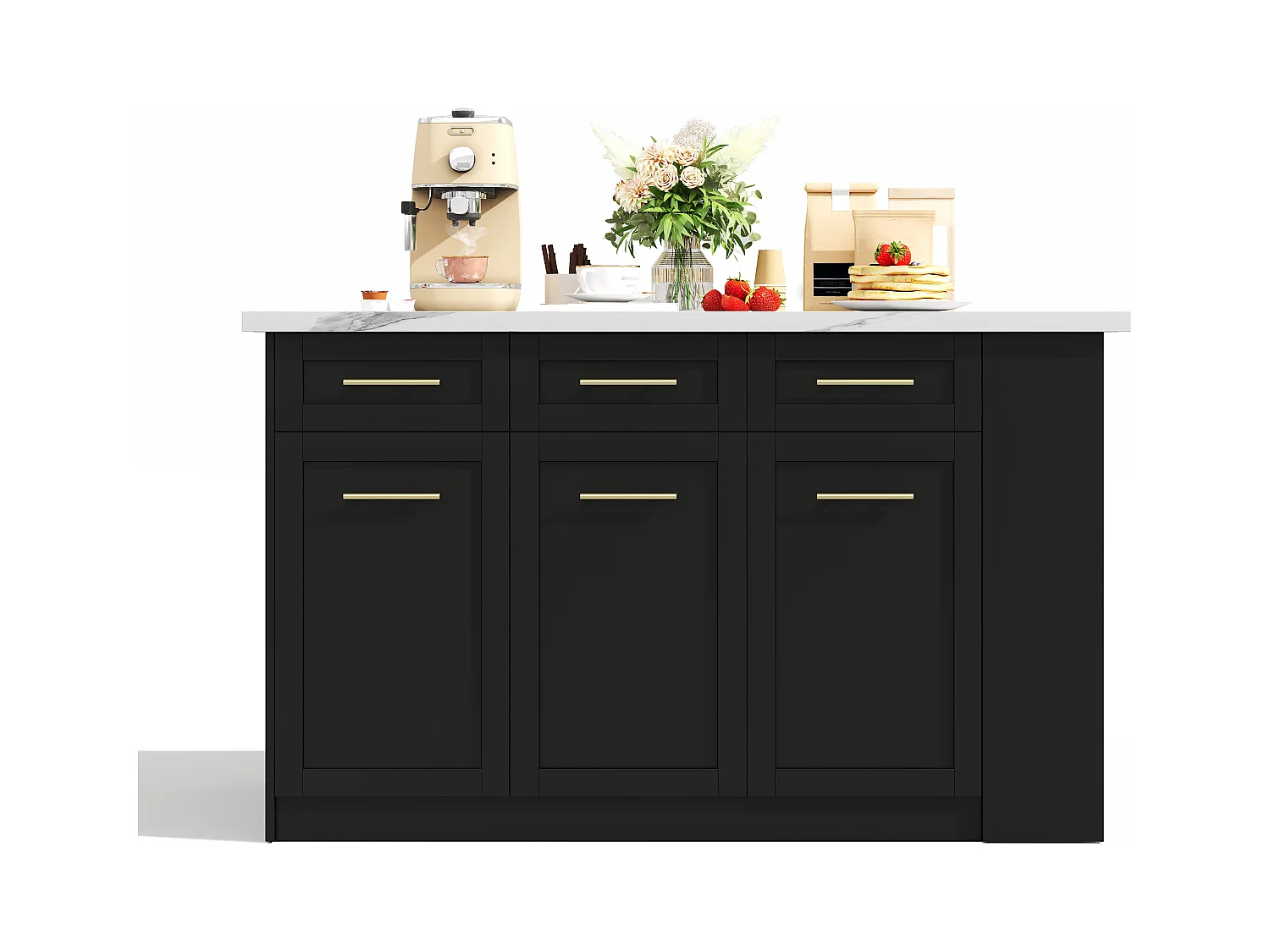 Ilot central de cuisine 150x90x90cm - avec table à manger rétractable - texture de marbre - avec un grand espace de rangement - Noir + Blanc