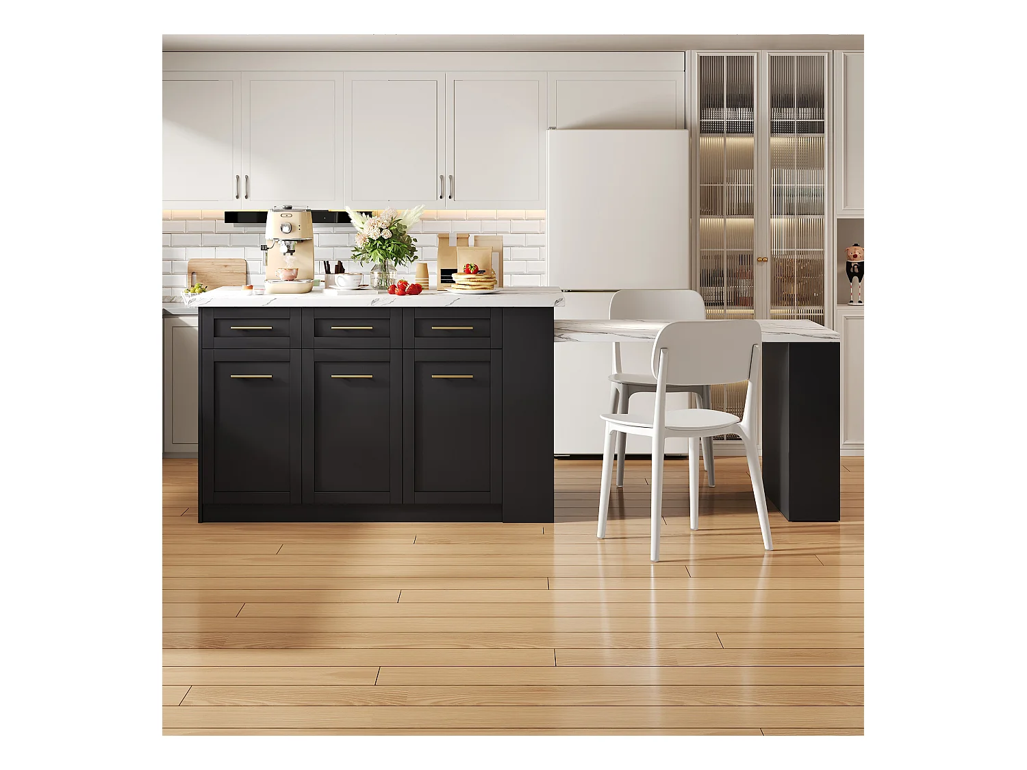 Ilot central de cuisine 150x90x90cm - avec table à manger rétractable - texture de marbre - avec un grand espace de rangement - Noir + Blanc