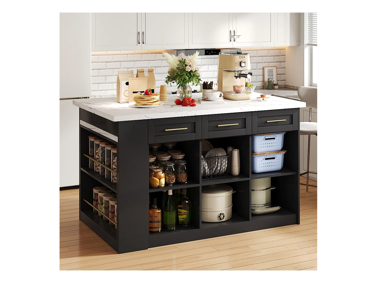 Ilot central de cuisine 150x90x90cm - avec table à manger rétractable - texture de marbre - avec un grand espace de rangement - Noir + Blanc