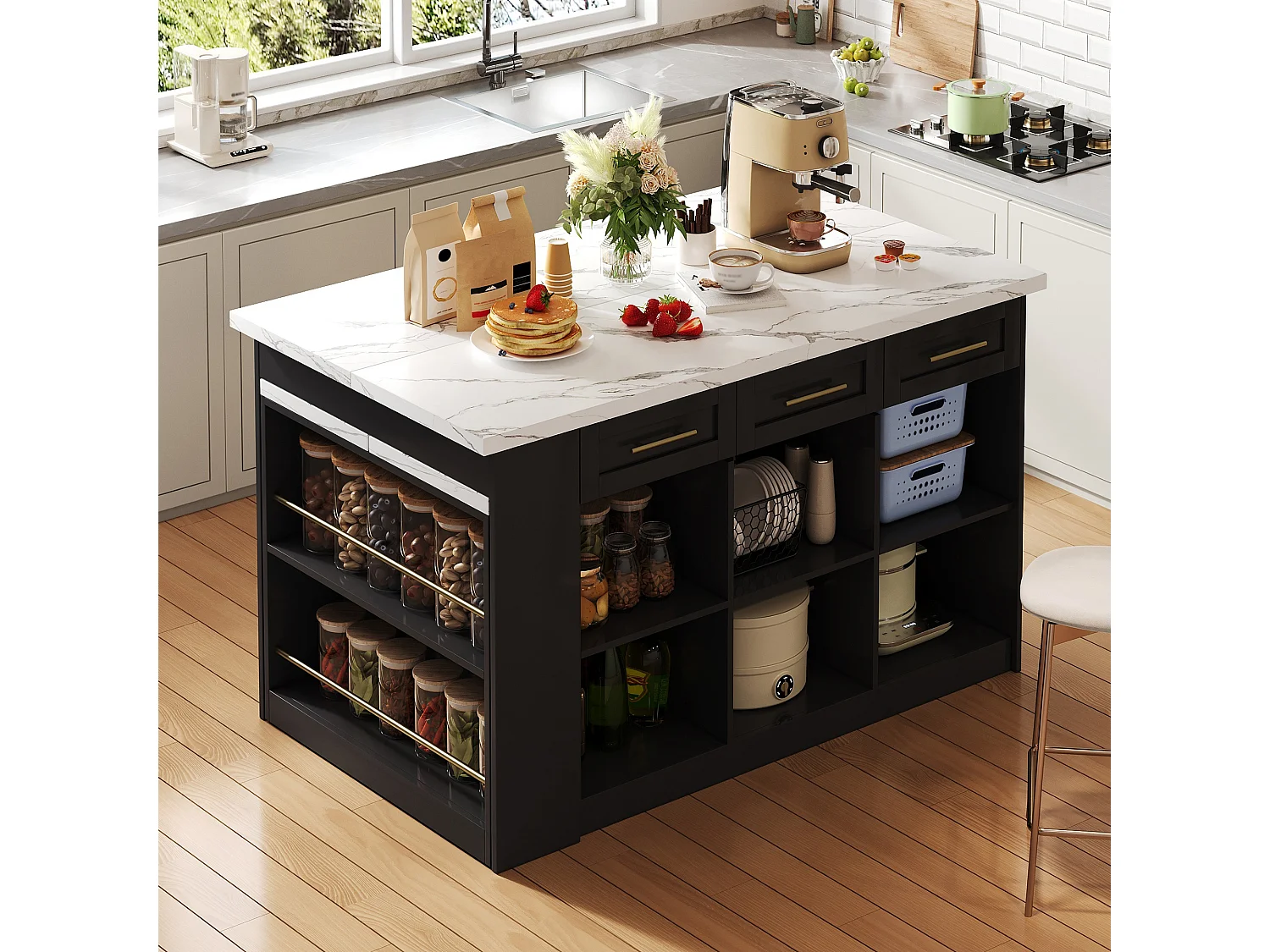 Isola centrale cucina 150x90x90 cm - con tavolo da pranzo retraibile - texture marmo - con un ampio spazio di archiviazione - Nero + Bianco