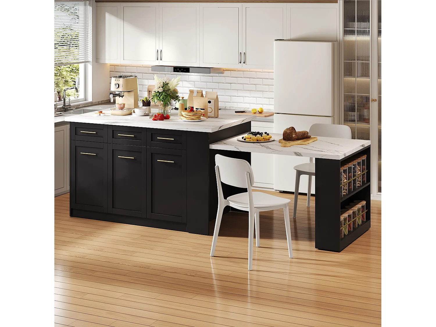 Isola centrale cucina 150x90x90 cm - con tavolo da pranzo retraibile - texture marmo - con un ampio spazio di archiviazione - Nero + Bianco