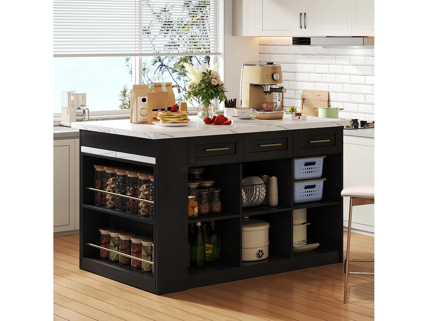 Isola centrale cucina 150x90x90 cm - con tavolo da pranzo retraibile - texture marmo - con un ampio spazio di archiviazione - Nero + Bianco