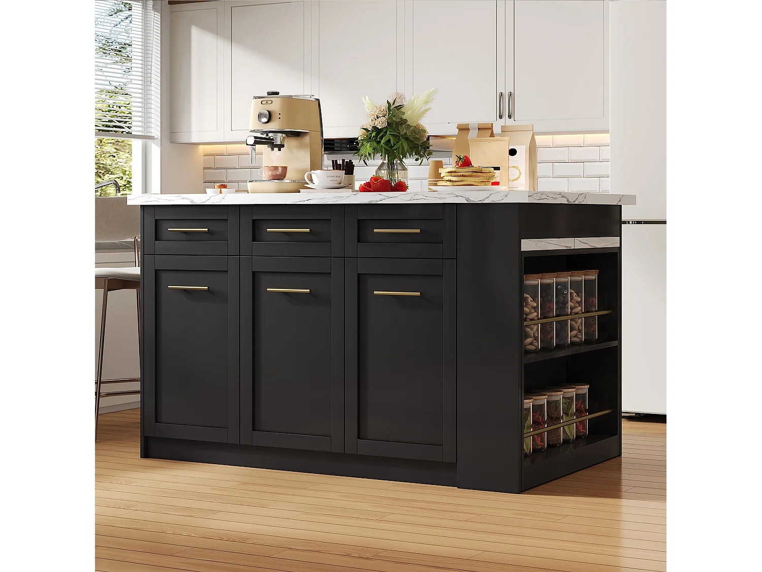 Isola centrale cucina 150x90x90 cm - con tavolo da pranzo retraibile - texture marmo - con un ampio spazio di archiviazione - Nero + Bianco