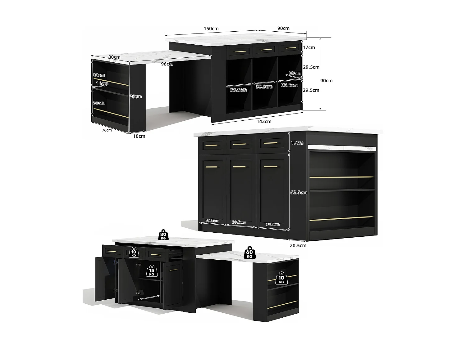 Isola centrale cucina 150x90x90 cm - con tavolo da pranzo retraibile - texture marmo - con un ampio spazio di archiviazione - Nero + Bianco