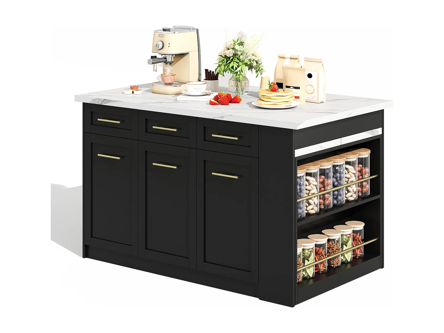 Isola centrale cucina 150x90x90 cm - con tavolo da pranzo retraibile - texture marmo - con un ampio spazio di archiviazione - Nero + Bianco