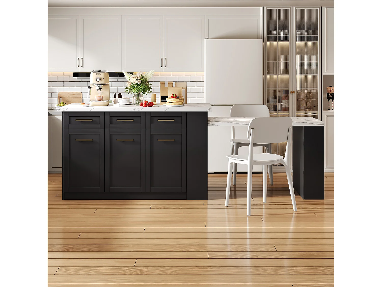 Isola centrale cucina 150x90x90 cm - con tavolo da pranzo retraibile - texture marmo - con un ampio spazio di archiviazione - Nero + Bianco