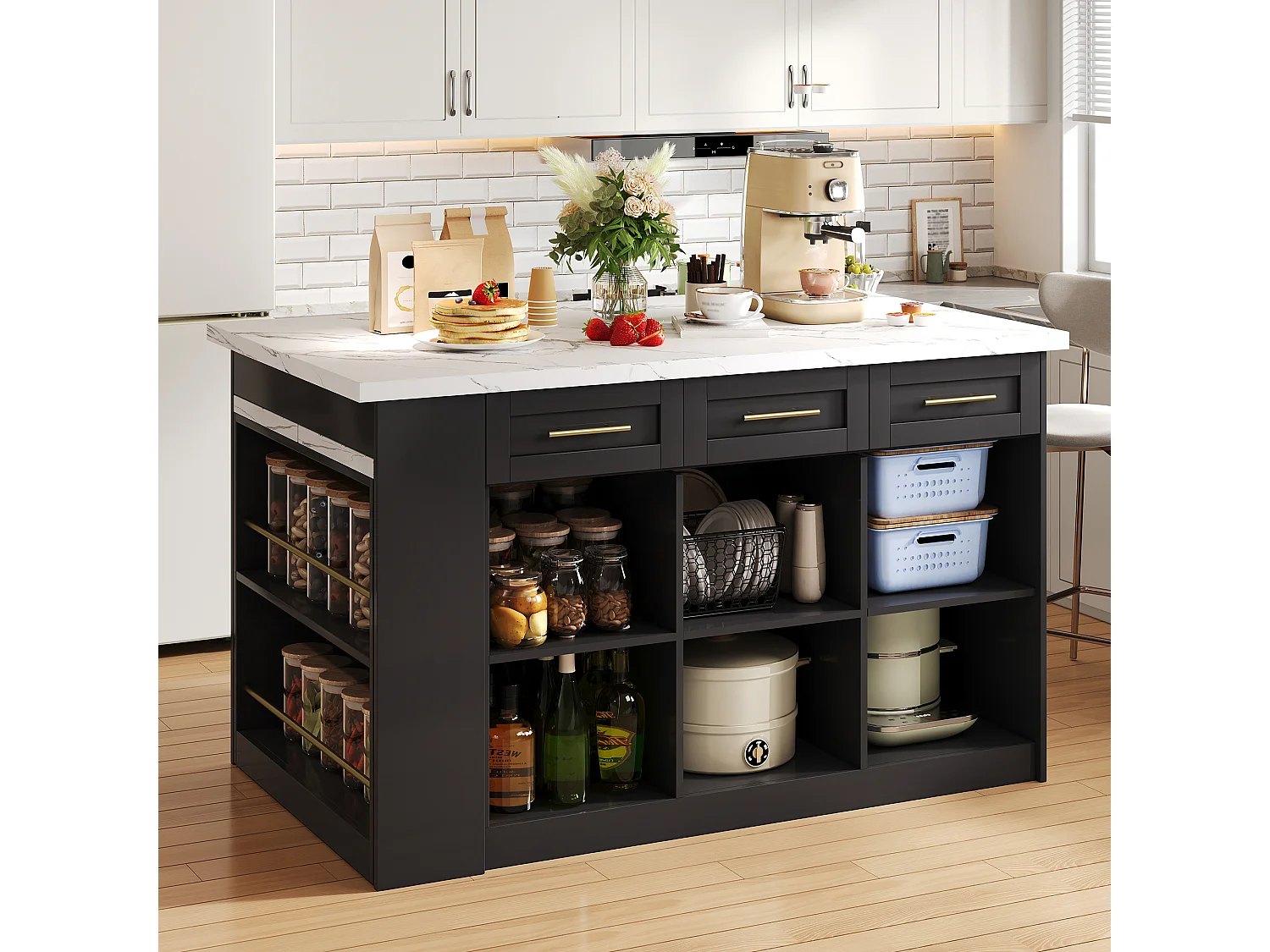 Isola centrale cucina 150x90x90 cm - con tavolo da pranzo retraibile - texture marmo - con un ampio spazio di archiviazione - Nero + Bianco