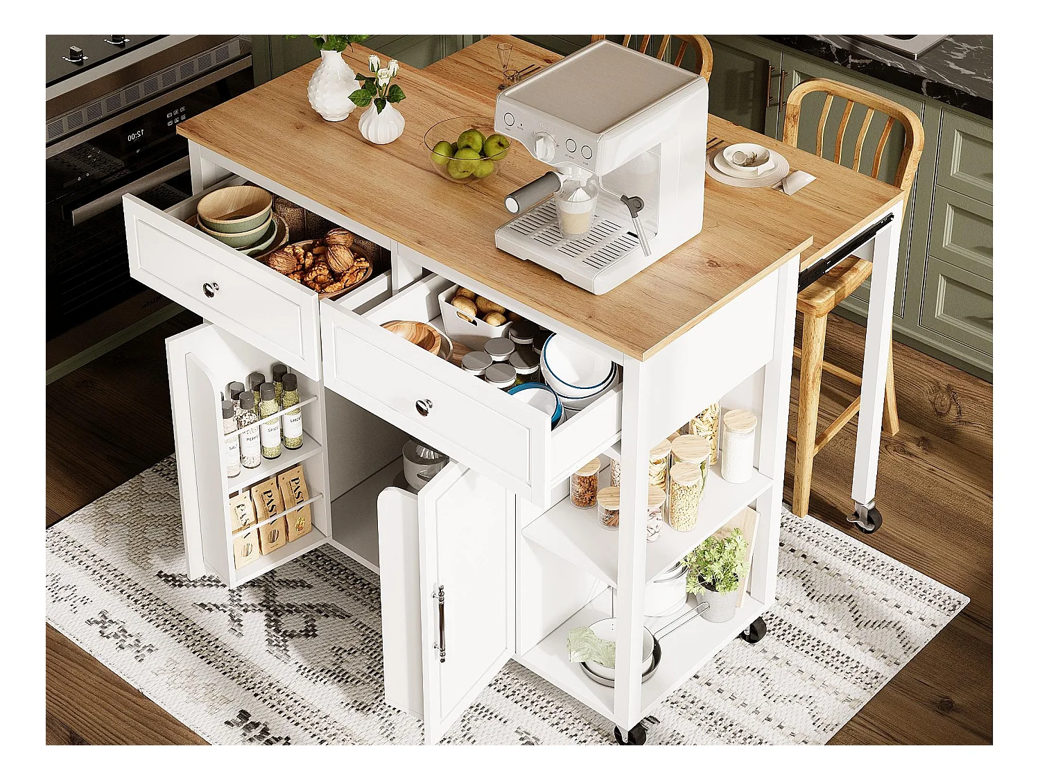 Ilot central de cuisine - avec roulettes - table à manger extensible - 2 portes et 2 tiroirs - étagères ouvertes - MDF - Blanc