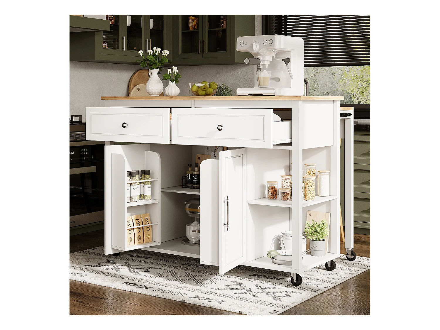 Ilot central de cuisine - avec roulettes - table à manger extensible - 2 portes et 2 tiroirs - étagères ouvertes - MDF - Blanc