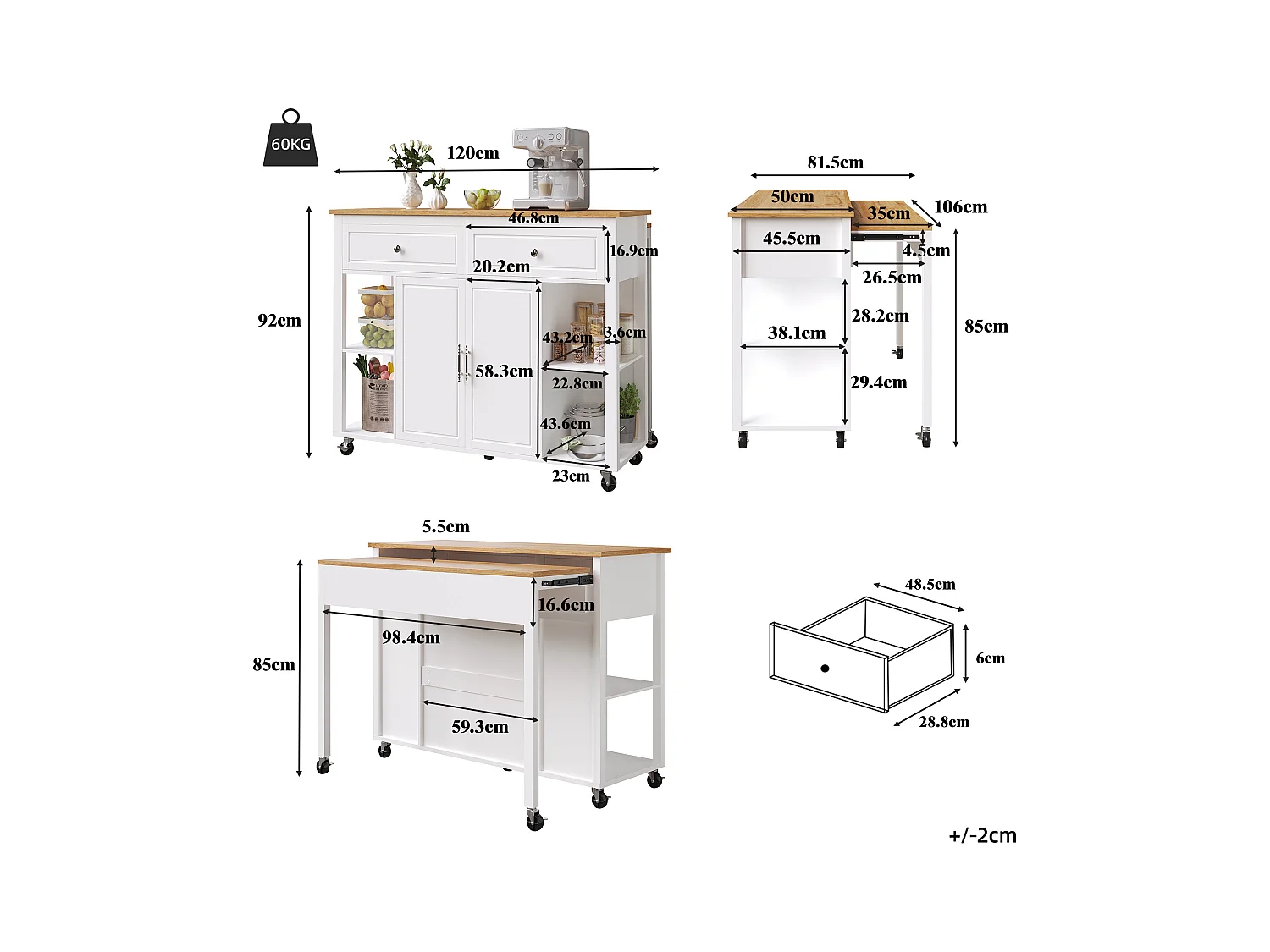 Ilot central de cuisine - avec roulettes - table à manger extensible - 2 portes et 2 tiroirs - étagères ouvertes - MDF - Blanc